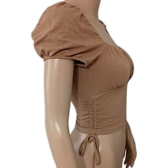Y2K Hollister Milkmaid Top XXS Babydoll Cropped Ruched Coquette Puff Sleeves Tan - Picture 2 of 16